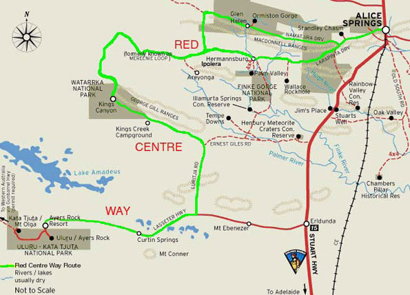 Map of Australia's Mereenie Loop on the Red Centre Way from Alice Springs |  credits NTTC