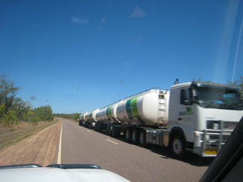 These road monsters are  renowned to make your hair stand on end as they pass you. This was on the Stuart Highway and Daivid and Carmela our close friends were smart enough to pull over for it to go by.