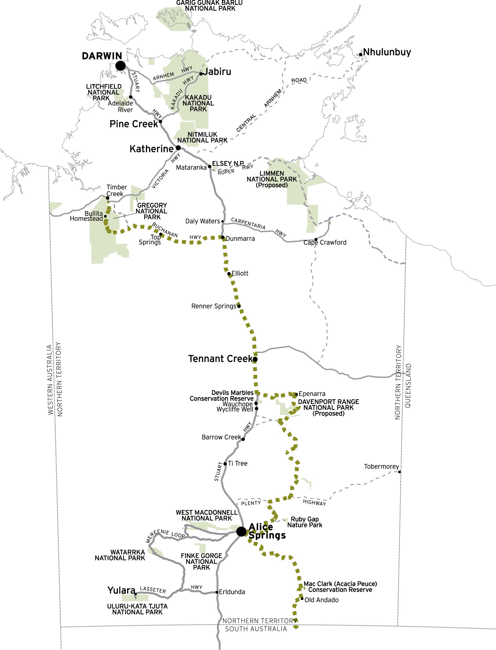 The best map of Binns Track in Australia from Mt Dare SA to Timber Creek on the Victoria Highway Northern Territory |  Credits Parks NT Copyright