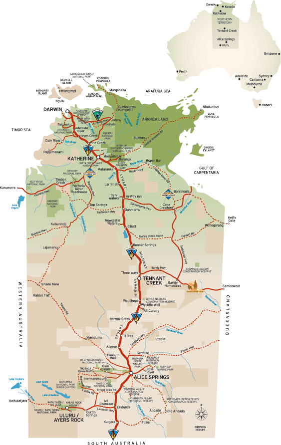 Map of outback Northern Territory from Darwin to Litchfield and Kakadu right down to ALice Springs and Uluru